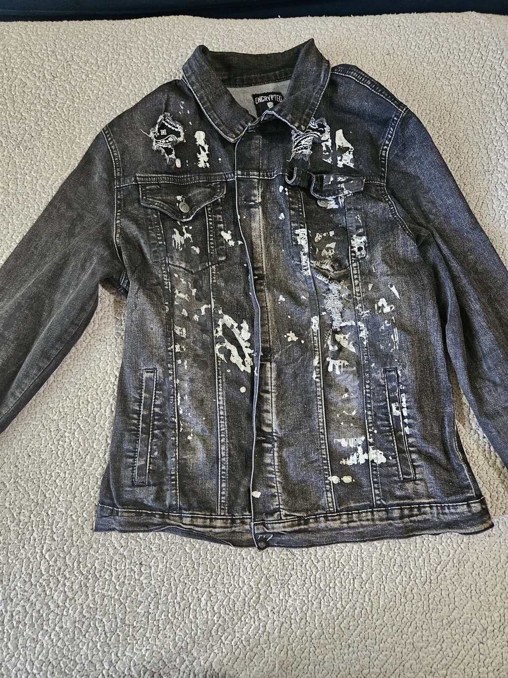 Distressed Black Paint-Splatter Denim Jacket by Unknown Brand